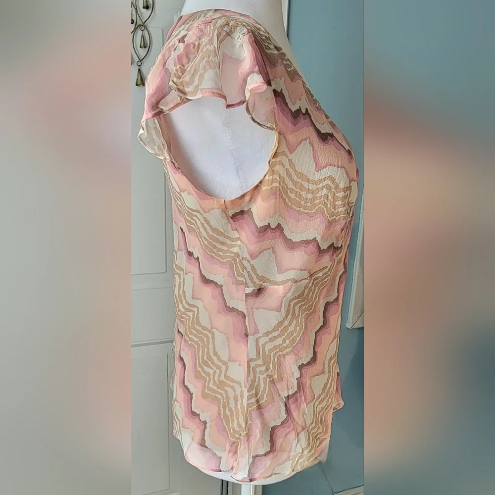 Y2K Vintage 100% Silk Babydoll Blouse Women's 8 Pink Tan Wavy Print Flutter Slee